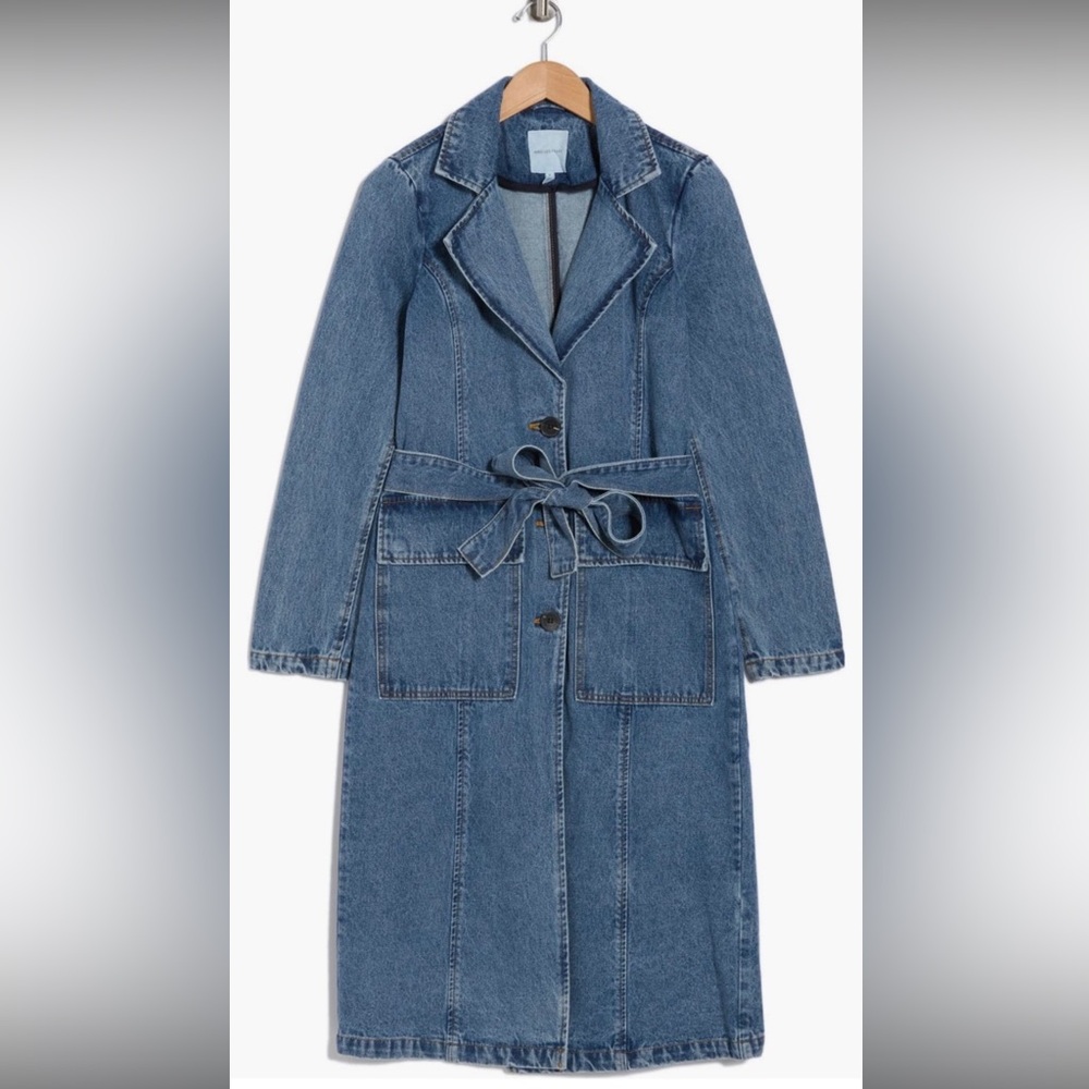 Avec Les Filles Stylish Blue Denim Trench Coat w/ Belted Waist Medium